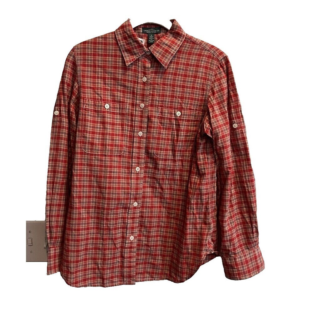Lauren Jeans Company LRL Red Plaid Button Top Shirt Green Womens Small Western